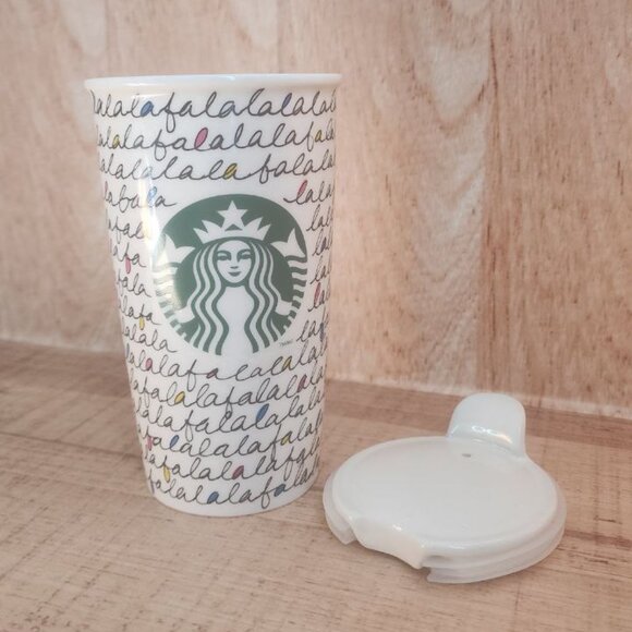 2011 STARBUCKS Falala Travel Mug Holiday Fa La La Double Wall Ceramic & Lid 12oz - Picture 1 of 11